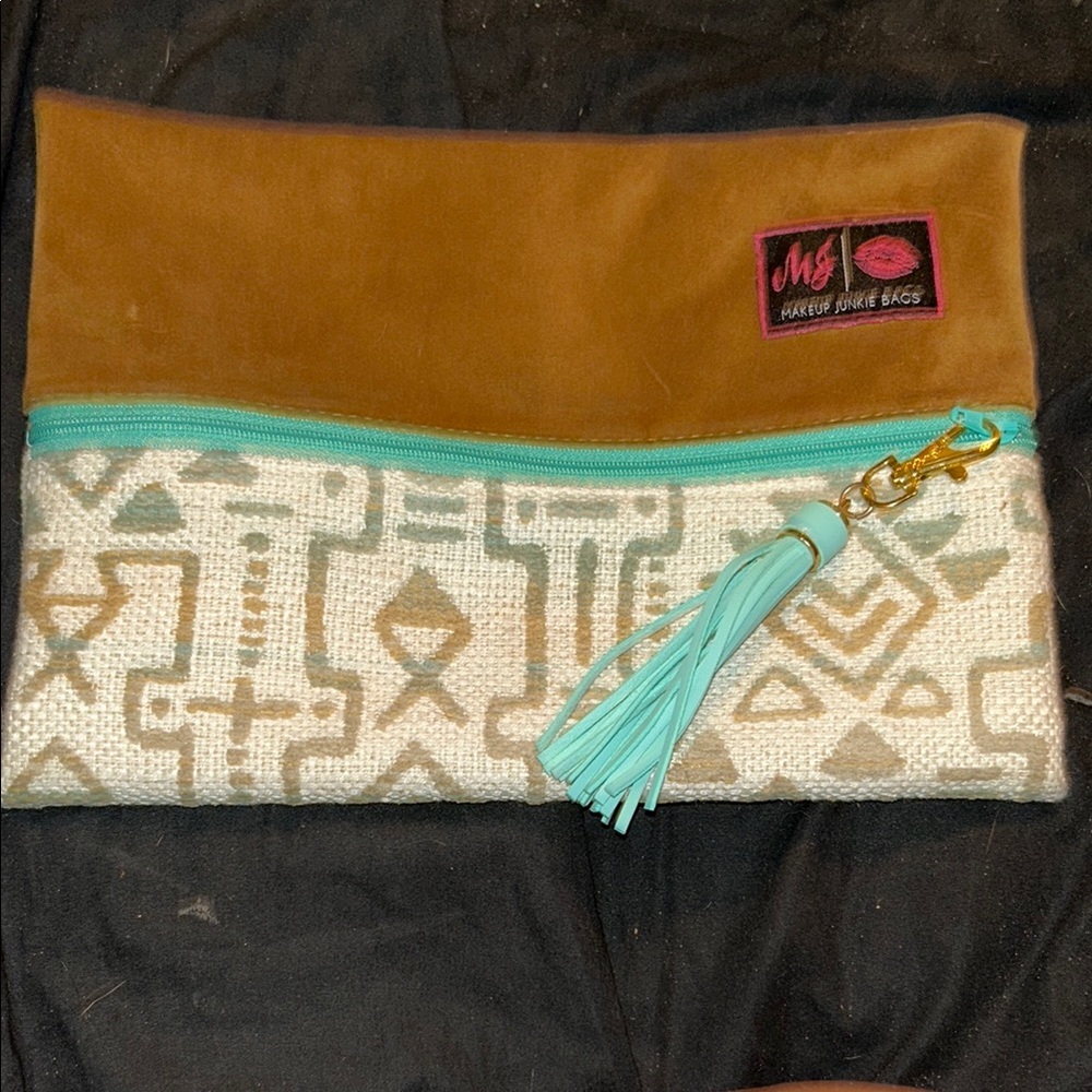 Tan and Blue Cosmetic Bag with Geometric Design